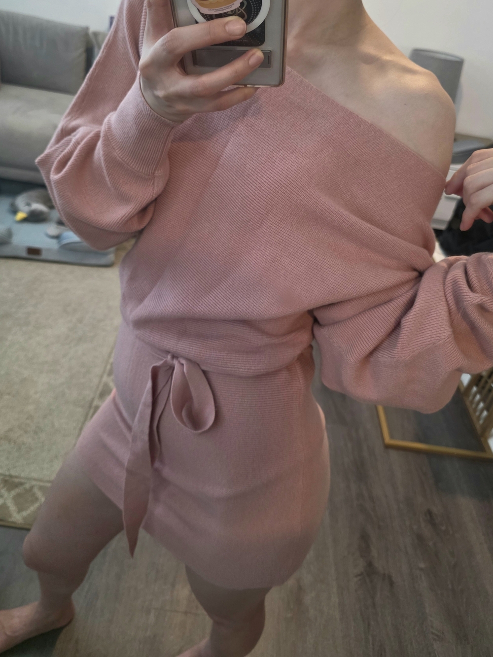 Windsor Dusty Rose Off-Shoulder Knit Sweater Dress with Waist Tie